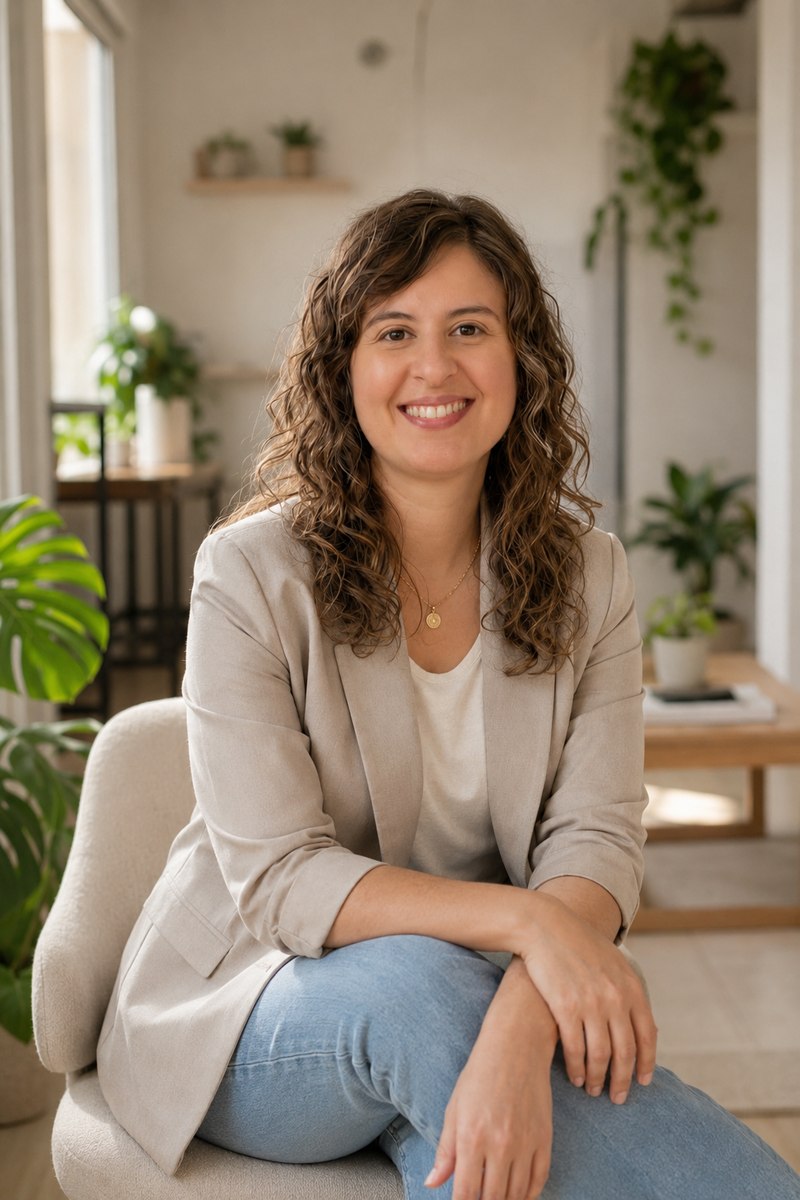 Fernanda Lemos, psicopedagoga, em ambiente de trabalho acolhedor